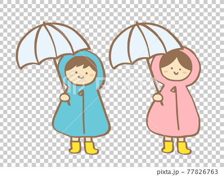 かわいいレインコートと子ども 男の子と女の子 と傘とかっぱ 夏 梅雨 手書きイラストのイラスト素材