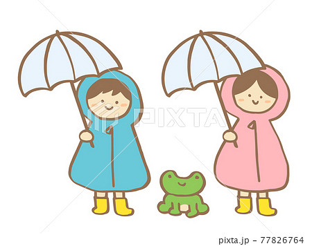 かわいいレインコートと子ども 男の子と女の子 と傘 夏 梅雨 手書きイラストのイラスト素材