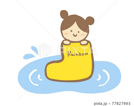かわいい黄色の長靴と子ども 女の子 と水たまり 夏 梅雨 手書きイラストのイラスト素材