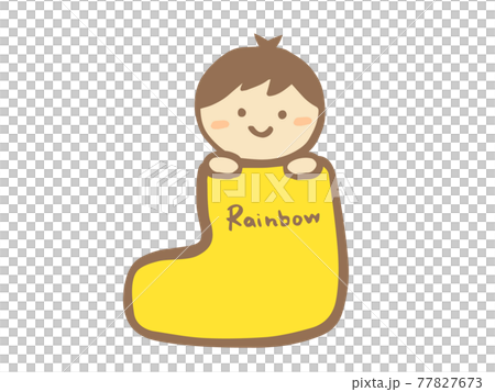 可愛的黃色靴子和一個有臉的男孩夏天（雨季）/手寫插圖 77827673