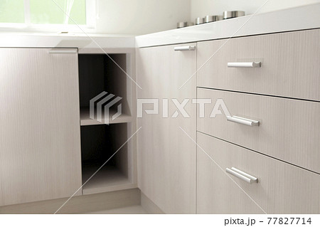 Close up of kitchen cabinets with metal pulls or knobs on the doors. 77827714