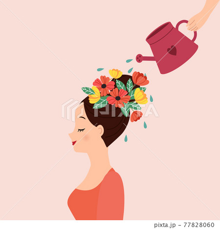 Personal development metaphor. Hand watering a woman head decorated with flower. Flat vector design 77828060