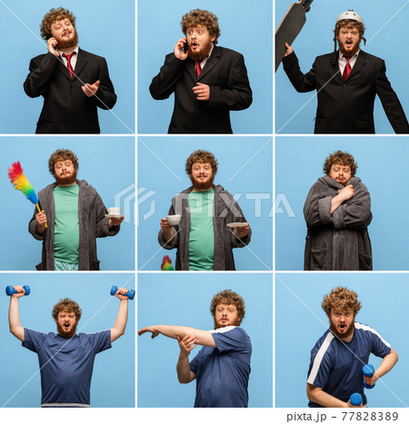 Collage of young man in different type of occupation isolated on blue background 77828389
