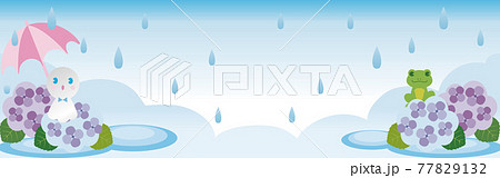 バナー アジサイ あじさい 紫陽花 梅雨 花 かえる てるてる坊主 イラスト コピースペース 背景のイラスト素材