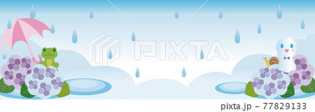 バナー アジサイ あじさい 紫陽花 梅雨 花 かえる てるてる坊主 イラスト コピースペース 背景のイラスト素材