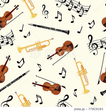Seamless pattern with violins, pipe, oboe and notes on white background. Art vector illustration 77829165