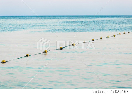 Limiting swimming buoys on the sea background in the evening Limiting swimming buoys on the sea background in the evening 77829563