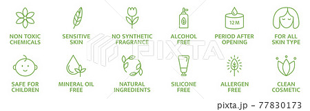 Organic and natural cosmetic line icons. Skincare symbol. Allergen free badges. Beauty product. Gluten and paraben free cosmetic. Non toxic logo. Eco, vegan label. Sensitive skin. Vector illustration Organic and natural cosmetic line icons. Skincare symbol. Allergen free badges. Beauty product. Gluten and paraben free cosmetic. Non toxic logo. Eco, vegan label. Sensitive skin. Vector illustration 77830173