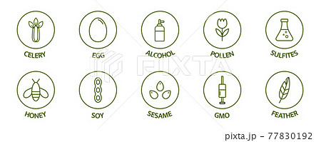 Allergen line icon set. Allergy warning ingredients. Soybean nut celery, corn, milk, honey spicy, sugar alcohol, gluten mustard, gmo sesame, lactose fish, egg mollusk pollen free. Vector illustration 77830192