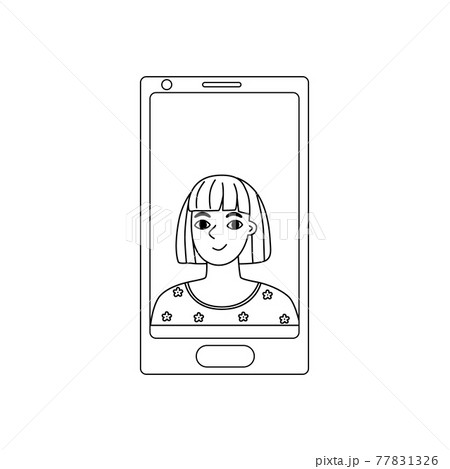 Girl on the phone screen.Simple black outline on white. Illustration of a video call with a young woman, chat online. Hand drawn vector illustration in Doodle style. 77831326