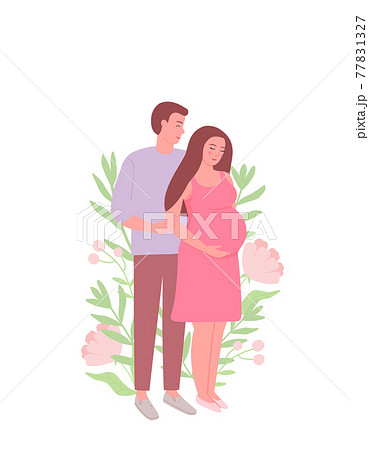 A pregnant woman and her husband are standing. Young family, the concept of love and care. Vector illustration, flat. 77831327