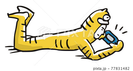 年賀状素材 寝転がりゲームをするトラの着ぐるみを着た人物のイラスト素材 7714