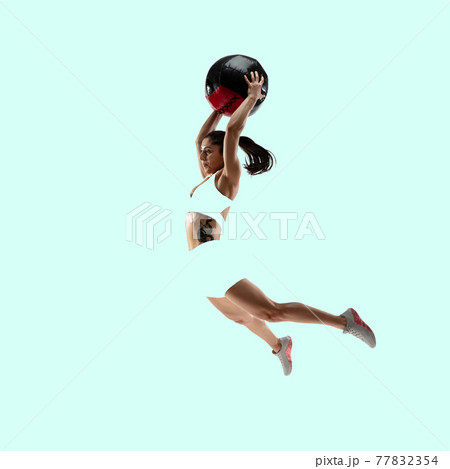 Modern design, contemporary art collage. Inspiration, idea, trendy magazine style. Sport. Professional female athlete, coach on blue background. 77832354