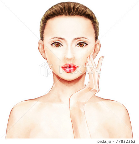 片頬に手を添える美しい女性の写実的なイラスト 77832362