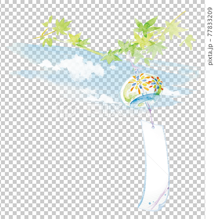 圖10 風鈴與風中搖曳的楓樹，水彩的天空，夏季影像水彩畫 77833209