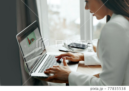 Businesswoman working on laptop computer managing her business via  office 77835538