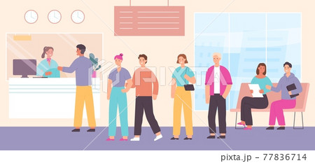 Queue to bank cashier. Customers wait in line to cash desk with clerk in bank office interior. Payment or financial withdraw vector concept 77836714