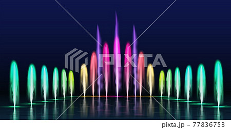 Fountains show. Realistic colored dancing water jets in night. Fountain cascade with lights for park decoration, 3d aqua sprays vector set 77836753