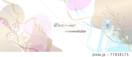 Plants line gold. Minimal background in blue and pink colors, flowers and twigs. Watercolor stains. Baner with place for text. 77838173