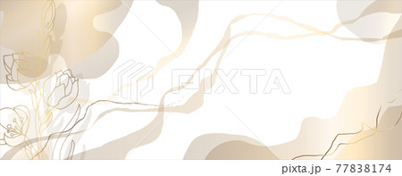 Plants line gold. Minimal background in beige tones. With beautiful streaks and watercolor stains and golden hazy streaks. Abstract plants banner design for prints, covers, wallpapers, minimalistic 77838174