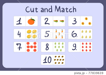 Flash cards with numbers for kids, set 2. Cut and match pictures with numbers and fruits. Illustration for educational math game design. Printable worksheet. Flash cards with numbers for kids, set 2. Cut and match pictures with numbers and fruits. Illustration for educational math game design. Printable worksheet. 77839639