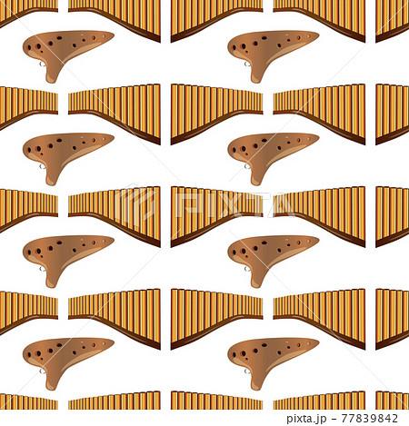 Realistic pan flute and ocarina isolated seamless pattern on white background. Traditional russian and peruvian musical instruments. Zampona. Folk instrument from Peru, Bolivia and Mexico. Vector 77839842