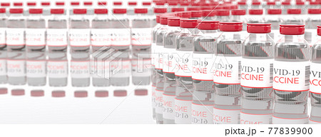 Vaccine. Many disposable vials on the table of Covid-19 coronavirus vaccine. Medicine infectious concept. 3d rendering 77839900