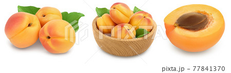 apricot fruit with half and slices isolated on white background with full depth of field. Set or collection 77841370