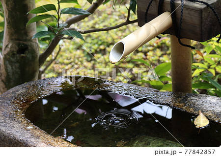 竹から落ちた水が水桶におちた時の様子の写真素材