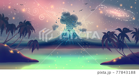 Fantasy landscape with volcano eruption, blue flashes, flashlights, glowing lava over starry night space. Palm trees silhouette and beautiful neon river in vector. Magic summer illustration. Fantasy landscape with volcano eruption, blue flashes, flashlights, glowing lava over starry night space. Palm trees silhouette and beautiful neon river in vector. Magic summer illustration. 77843188