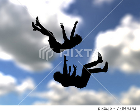 落下する若者 スーツ姿女男のシルエット 曇空 Cgイラスト横のイラスト素材