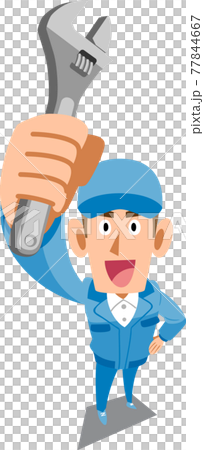 A man in blue work clothes holding a spanner 77844667
