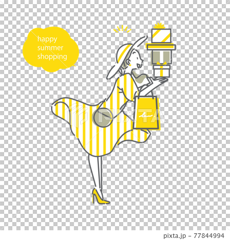 在夏季銷售中購物的滿意和興奮的女人 簡單而時尚的線條畫插圖 77844994