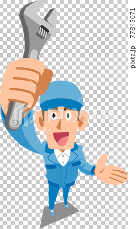 スパナを掲げて提案する青い作業服の男性 77845071