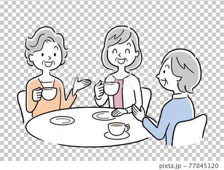 ベクターイラスト素材:カフェで楽しく話すシニア女性たち ベクターイラスト素材:カフェで楽しく話すシニア女性たち 77845120