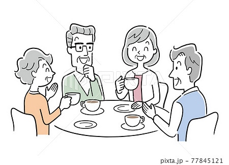 ベクターイラスト素材:カフェで楽しく話すシニア男性とシニア女性たち ベクターイラスト素材:カフェで楽しく話すシニア男性とシニア女性たち 77845121
