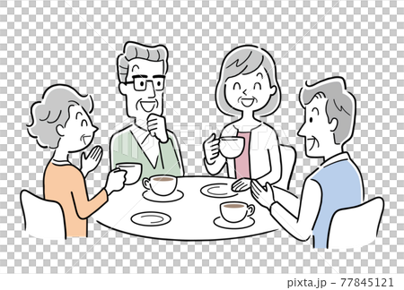 ベクターイラスト素材:カフェで楽しく話すシニア男性とシニア女性たち ベクターイラスト素材:カフェで楽しく話すシニア男性とシニア女性たち 77845121