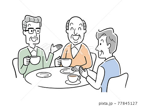 ベクターイラスト素材:カフェで楽しく話すシニア男性たち ベクターイラスト素材:カフェで楽しく話すシニア男性たち 77845127