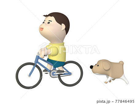 自転車で犬を散歩させる男の子のイラスト素材