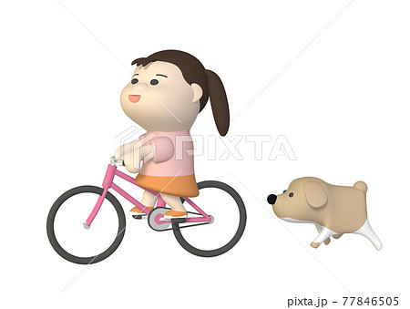 自転車で犬に散歩をさせる女の子のイラスト素材