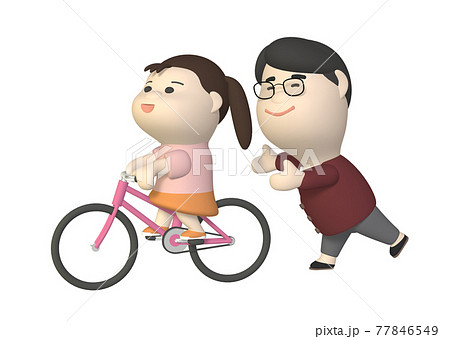 女の子に自転車の乗り方を教えるお父さんのイラスト素材