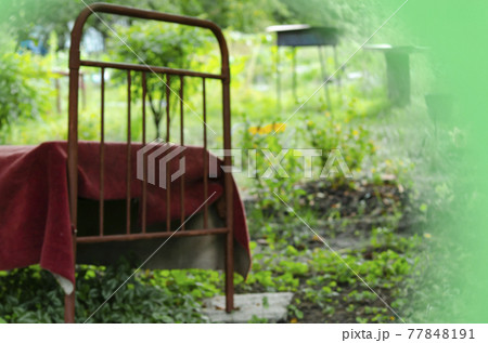 Rest in the village. Blurred background. Defocused An iron bed covered with a blanket in a garden. Cozy relaxation in nature near the house Rest in the village. Blurred background. Defocused An iron bed covered with a blanket in a garden. Cozy relaxation in nature near the house 77848191