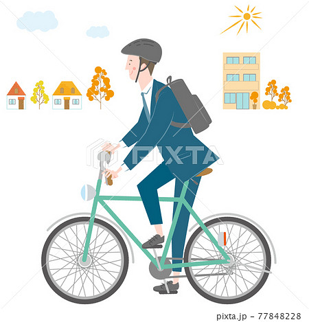 秋の町で自転車に乗るスーツの男性のイラスト素材