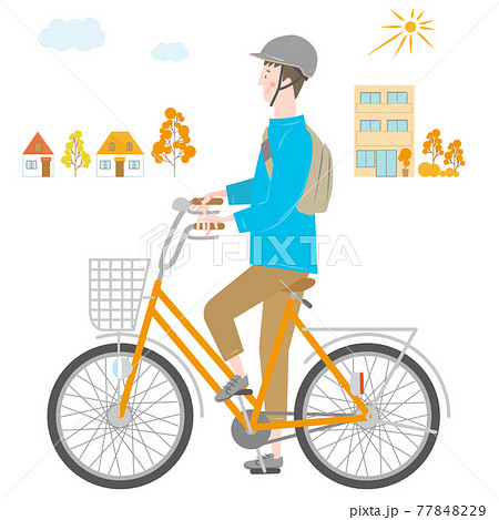 秋の町で自転車に乗る男性のイラスト素材