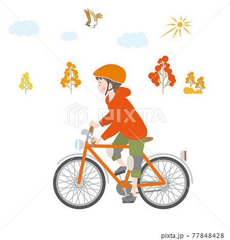 秋の屋外で自転車に乗る男の子のイラスト素材