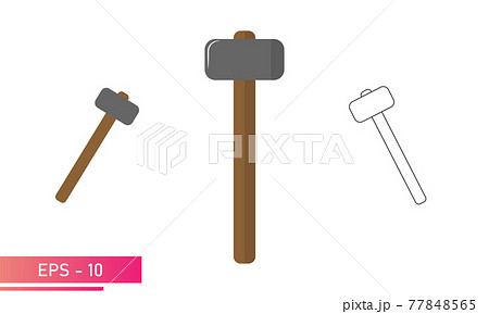 A set of sledgehammers, with rounded and smooth shapes and a wooden handle. Realistic and linear design. On a white background. Tools for the blacksmith. Flat vector illustration. 77848565