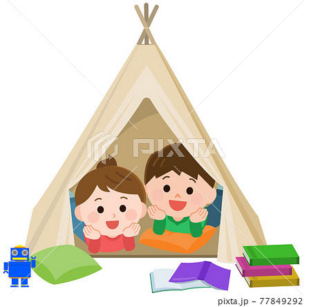 室内でテント 家キャンプを楽しむ子供 イラストのイラスト素材