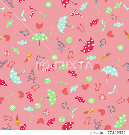パリの小物のパターン。 シームレスな模様。壁紙、包装紙の素材。テキスタイルデザイン。 パリの小物のパターン。 シームレスな模様。壁紙、包装紙の素材。テキスタイルデザイン。 77849522