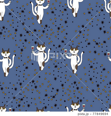 乾杯する猫のパターン シームレスな模様 壁紙 包装紙の素材 テキスタイルデザイン のイラスト素材