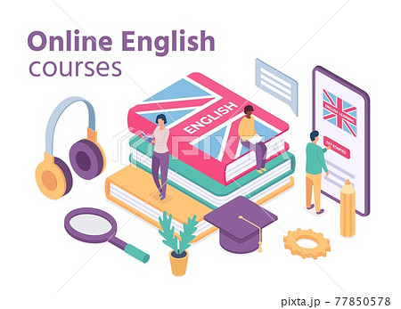 Isometric english courses. Online foreign language school with student learn vocabulary and reading books. Distance education vector concept 77850578
